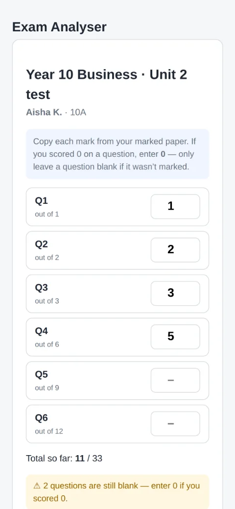 Student entering their marks on a phone