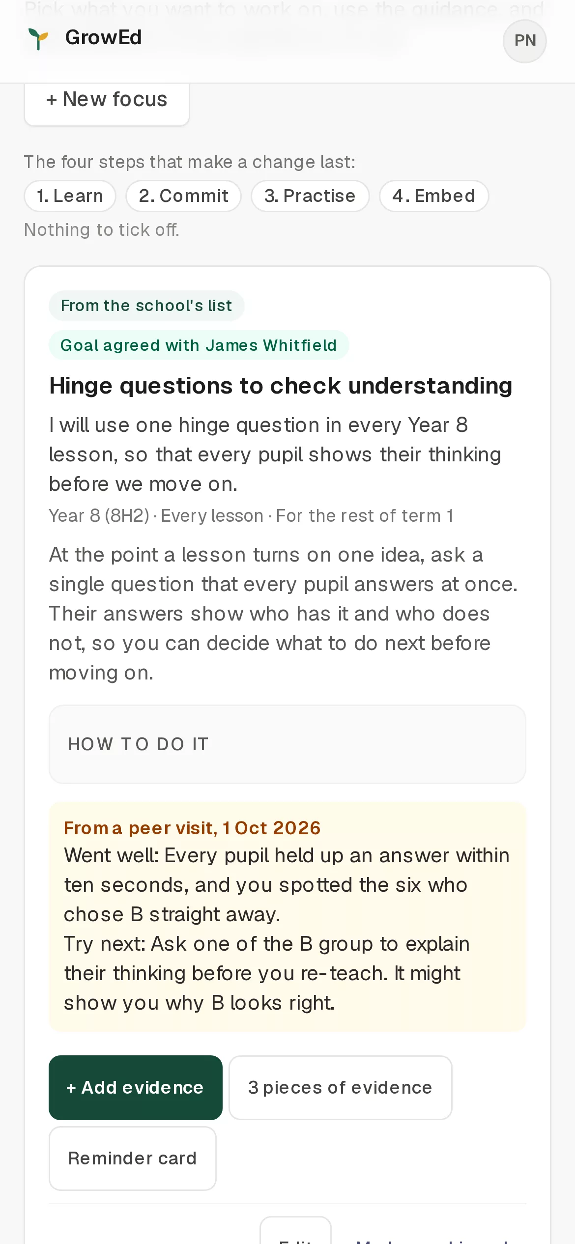 A teacher's own growth space in GrowEd on a phone