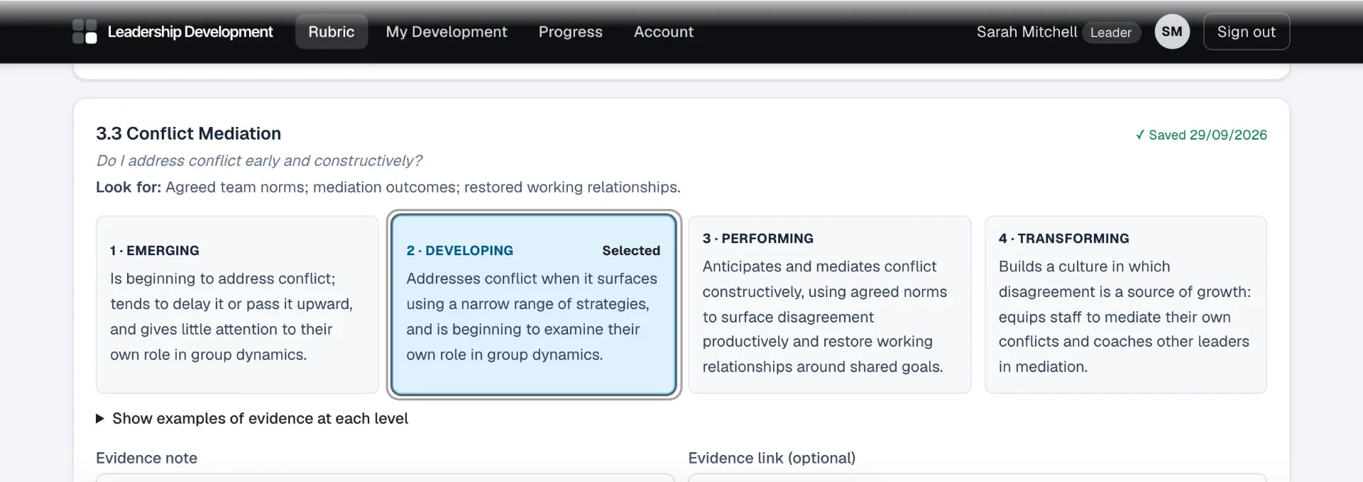 Leadership Development rubric: a middle leader rates themselves on conflict mediation, from Emerging to Transforming